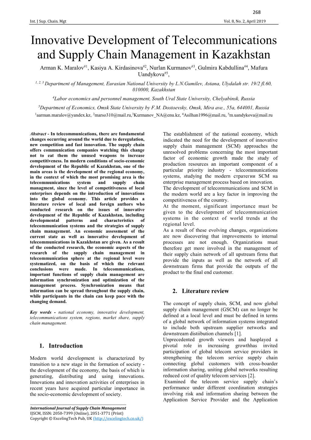 Innovative Development of Telecommunications and Supply Chain Management in Kazakhstan Arman K