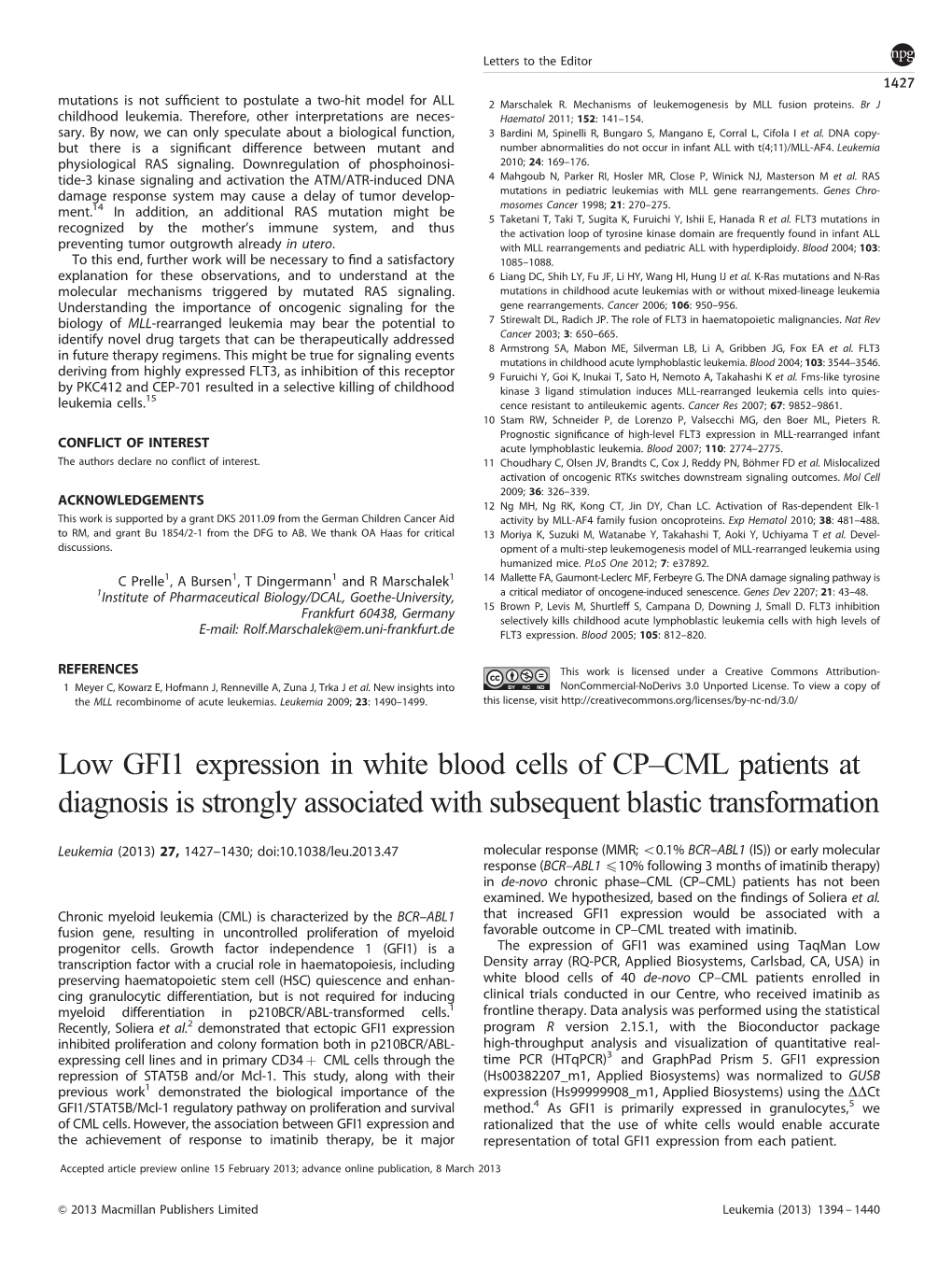 Low GFI1 Expression in White Blood Cells of CP&Ndash;CML