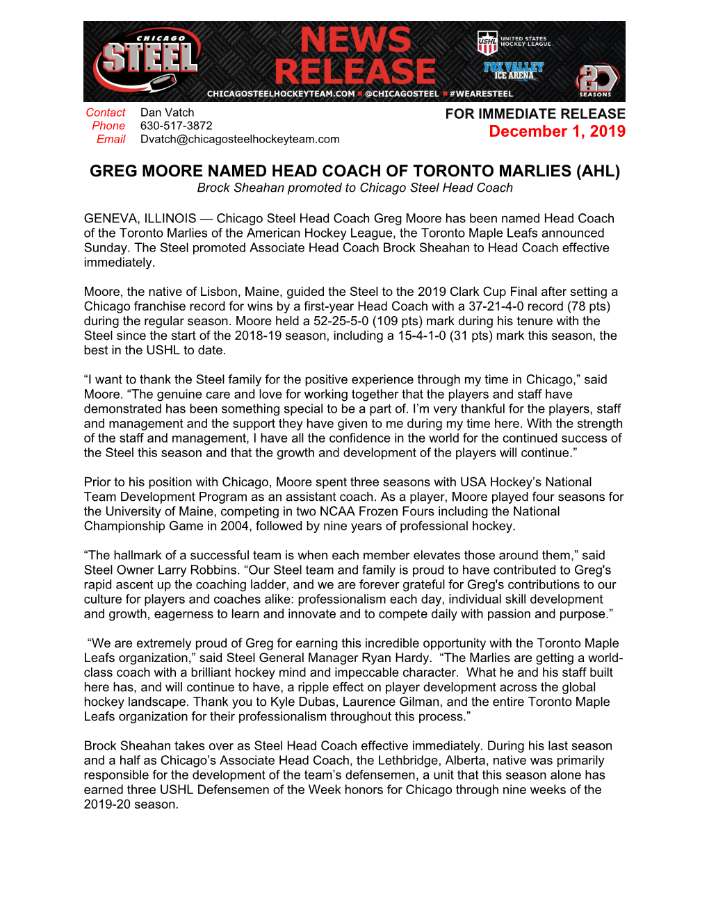 December 1, 2019 GREG MOORE NAMED HEAD COACH OF