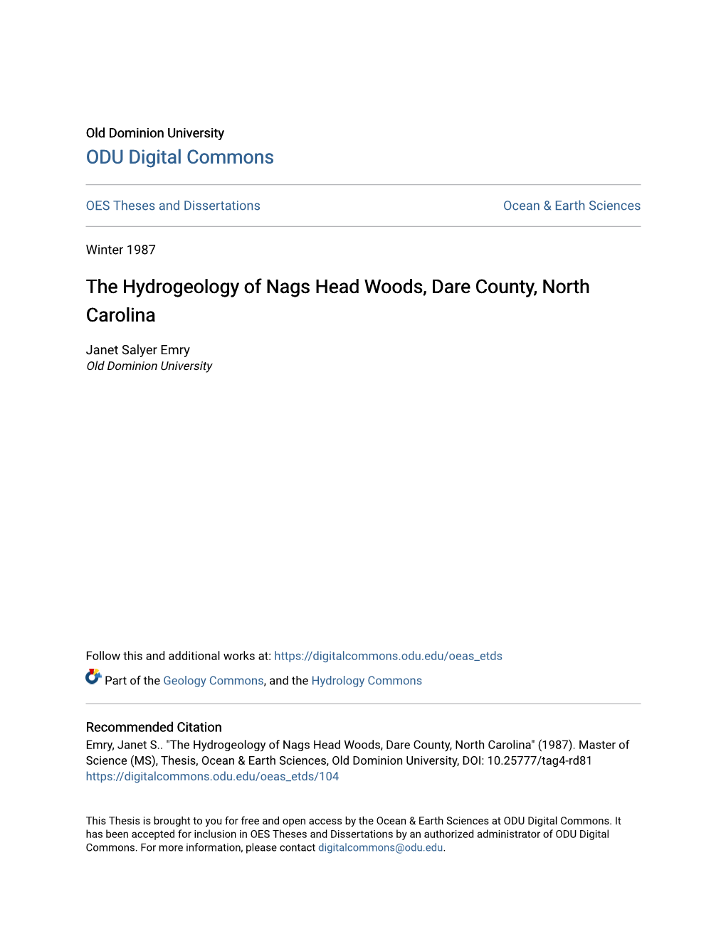 The Hydrogeology of Nags Head Woods, Dare County, North Carolina