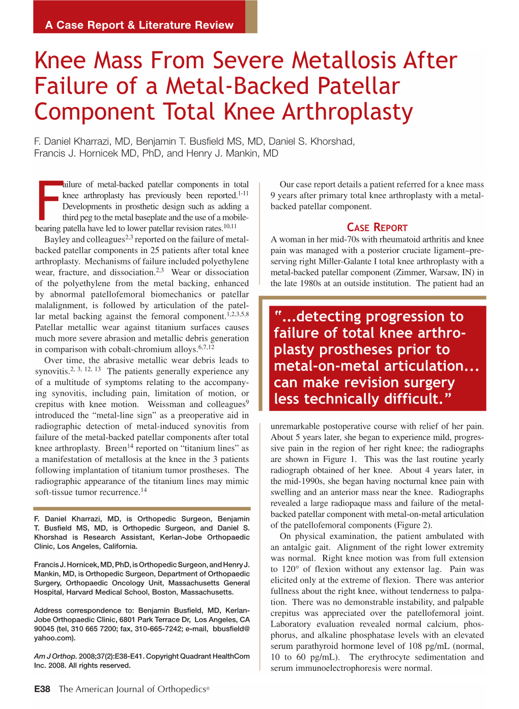 Knee Mass from Severe Metallosis After Failure of a Metal-Backed Patellar Component Total Knee Arthroplasty