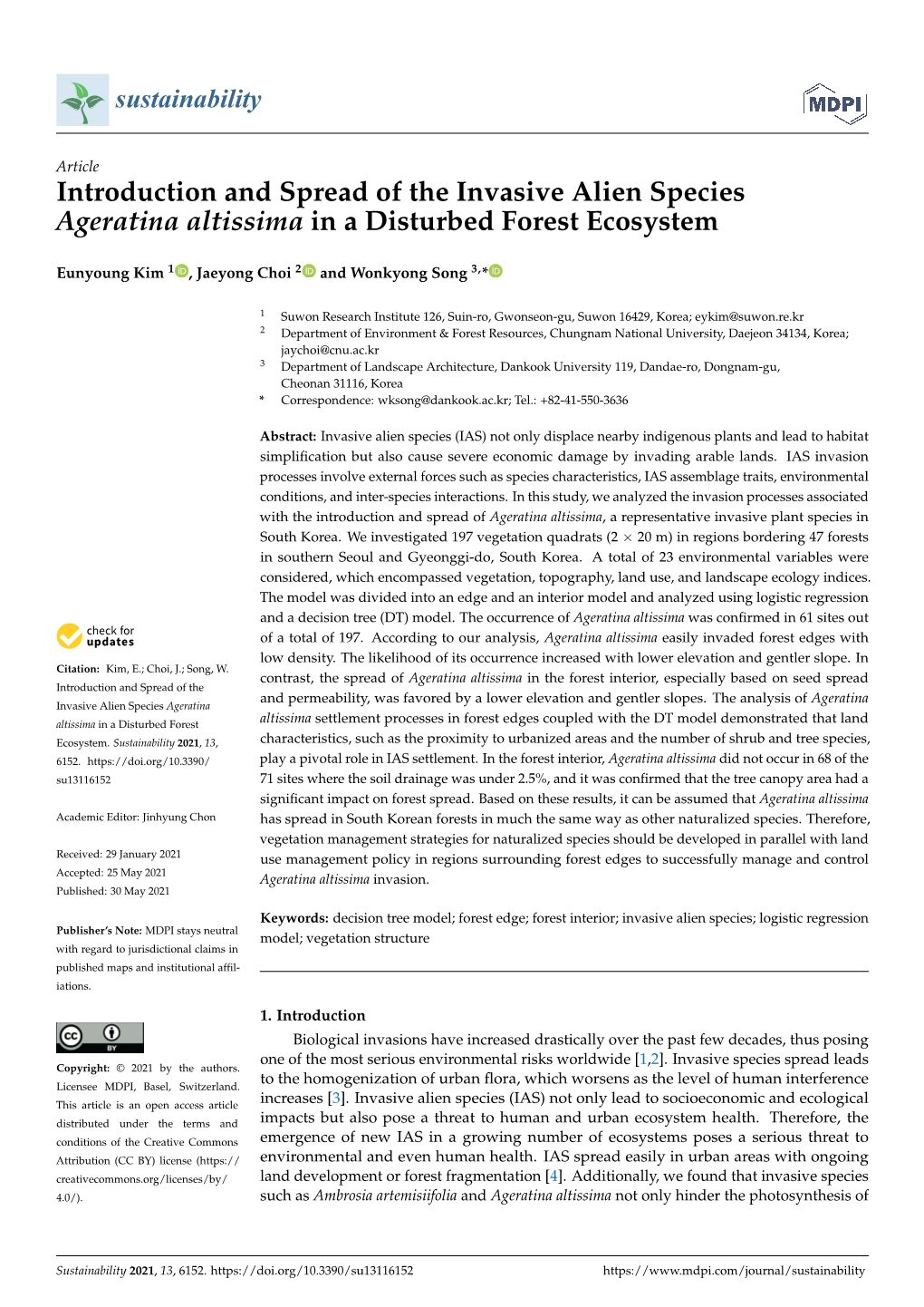 Introduction and Spread of the Invasive Alien Species Ageratina Altissima in a Disturbed Forest Ecosystem