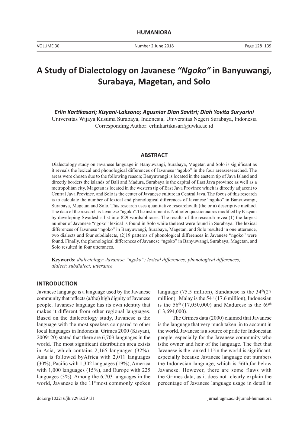 A Study of Dialectology on Javanese “Ngoko” in Banyuwangi, Surabaya, Magetan, and Solo
