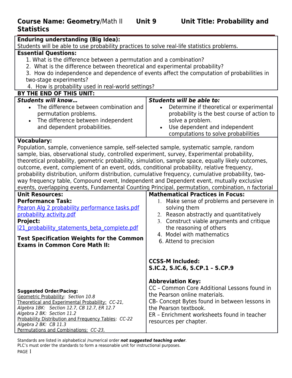 Course Name: Geometry/Math II Unit 9 Unit Title: Probability and Statistics