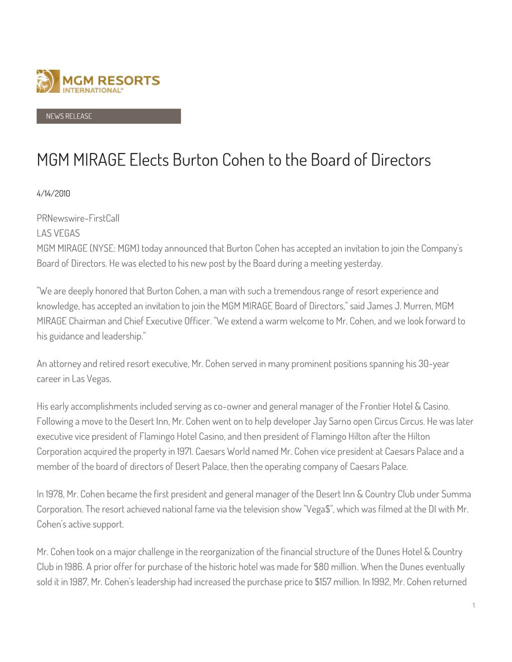 MGM MIRAGE Elects Burton Cohen to the Board of Directors