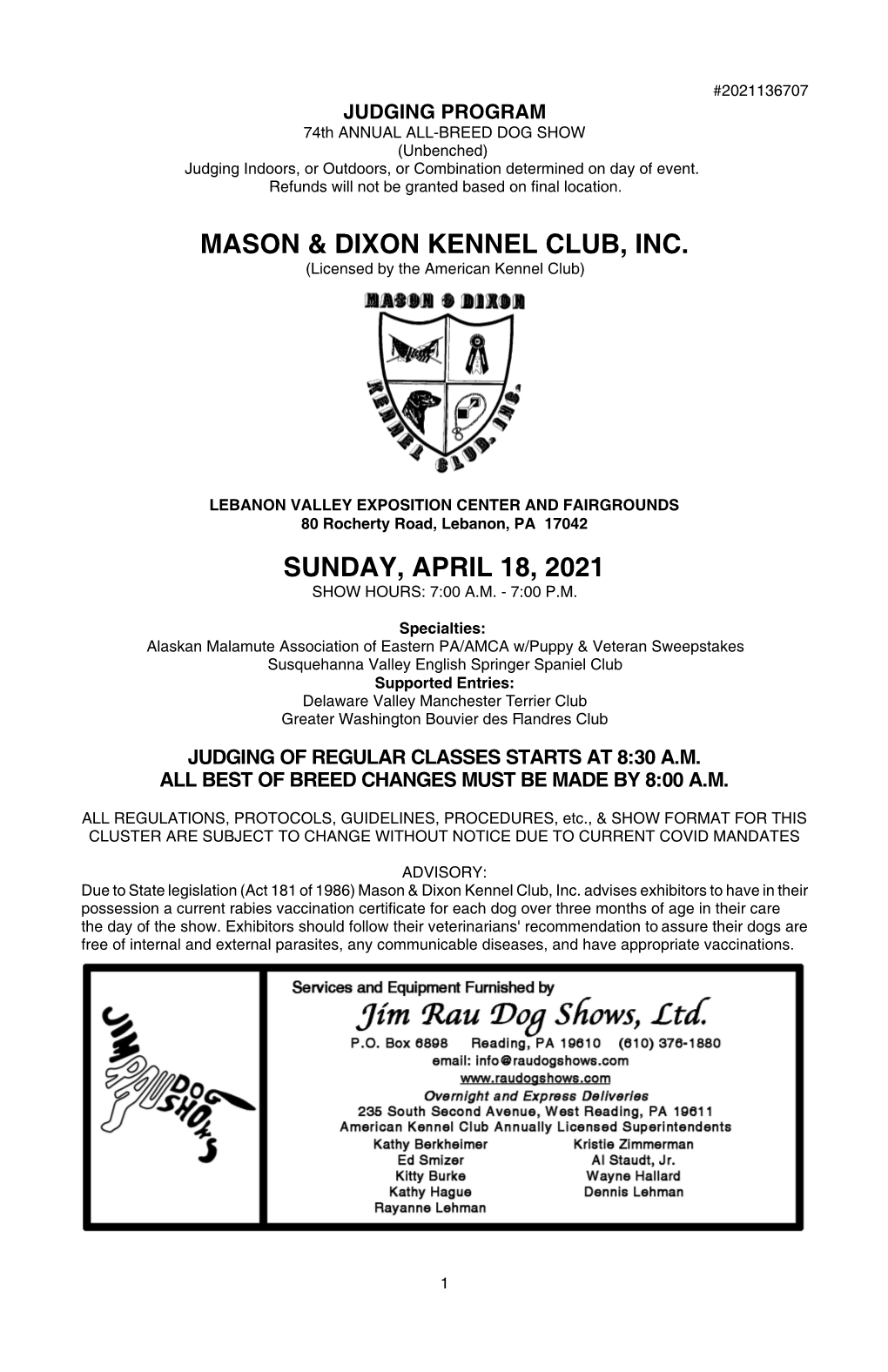 Mason & Dixon Kennel Club, Inc. Sunday, April 18, 2021