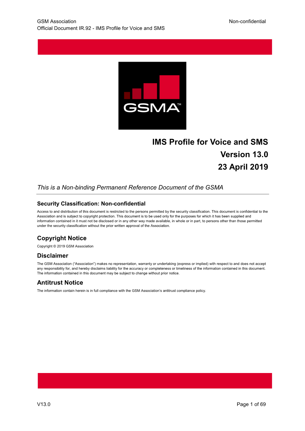 IMS Profile for Voice and SMS Version 13.0 23 April 2019