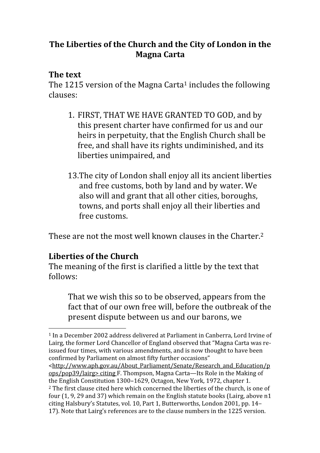 The Liberties of the Church and the City of London in the Magna Carta