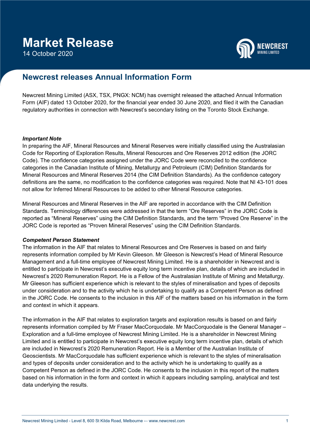 201014 Newcrest Releases Annual Information Form