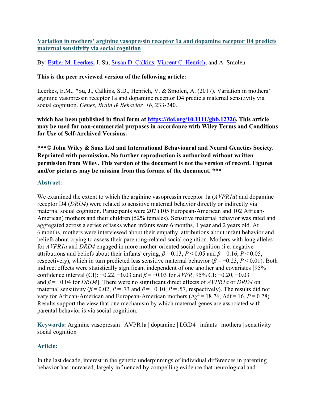 Variation in Mothers' Arginine Vasopressin Receptor 1A And