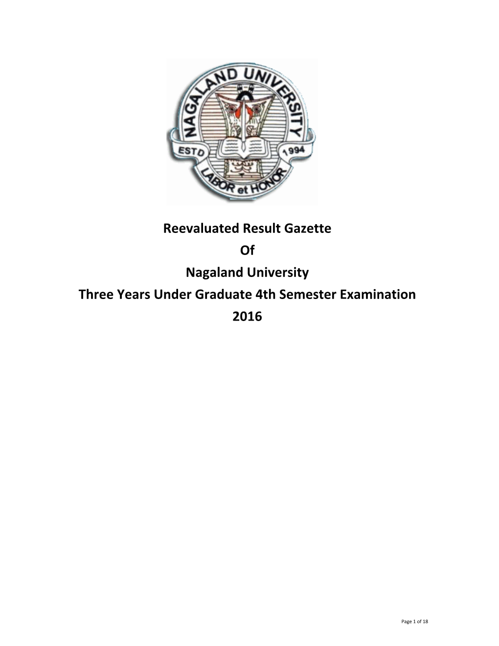 Reevaluated Result Gazette of Nagaland University Three Years Under Graduate 4Th Semester Examination 2016