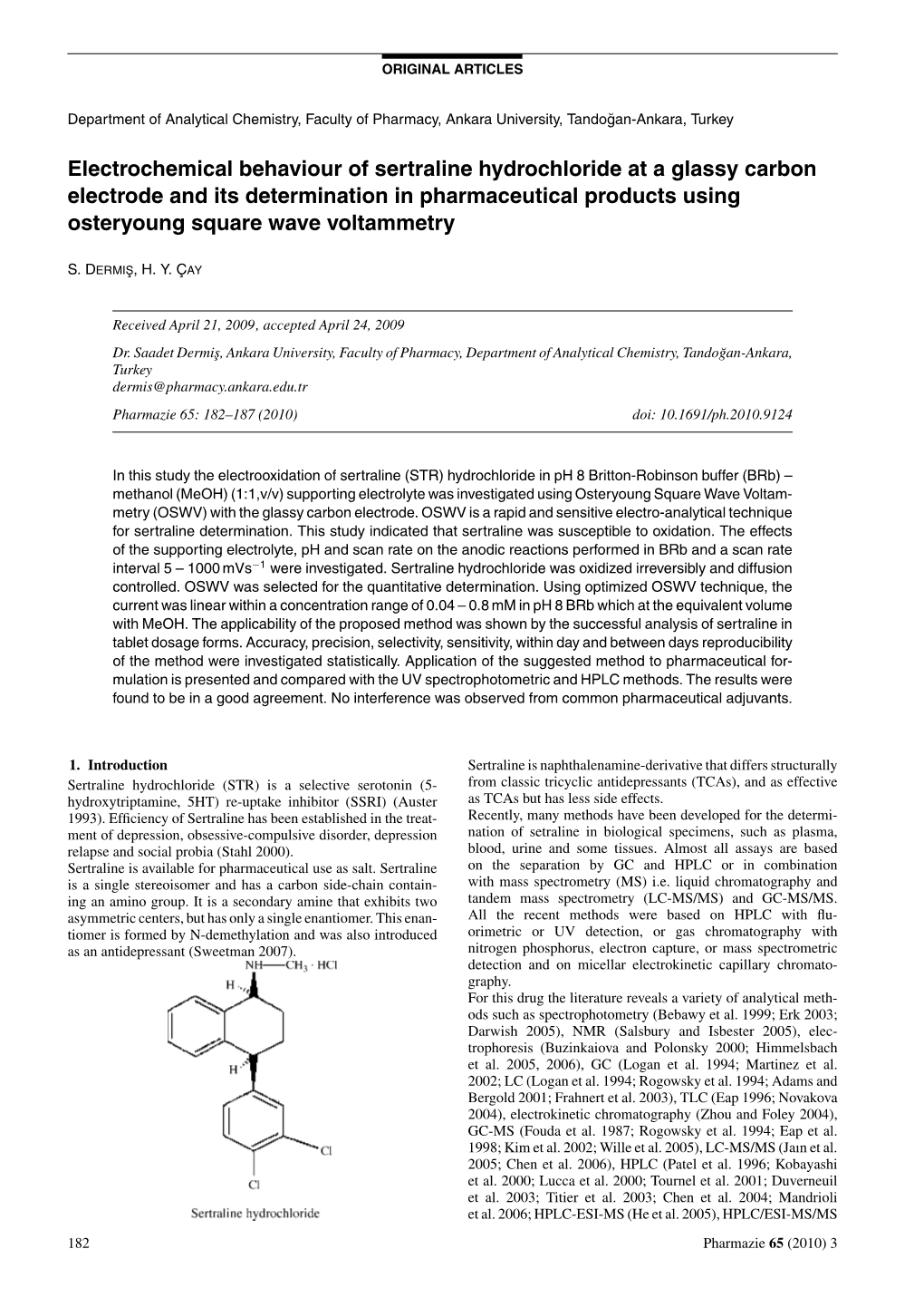 Electrochemical Behaviour of Sertraline Hydrochloride at a Glassy