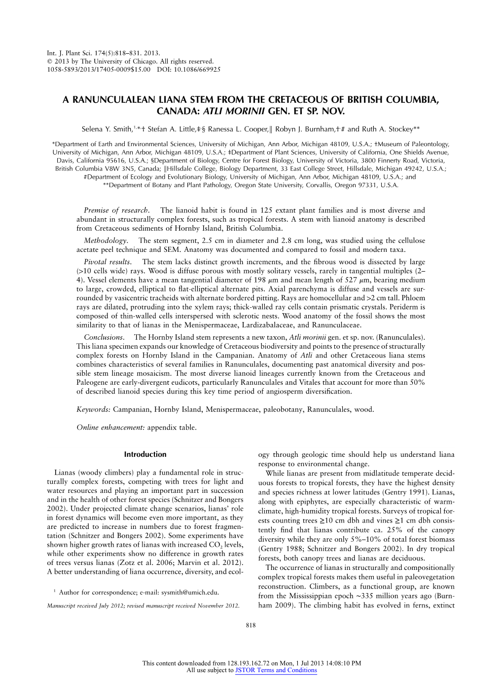 A Ranunculalean Liana Stem from the Cretaceous of British Columbia, Canada: Atli Morinii Gen