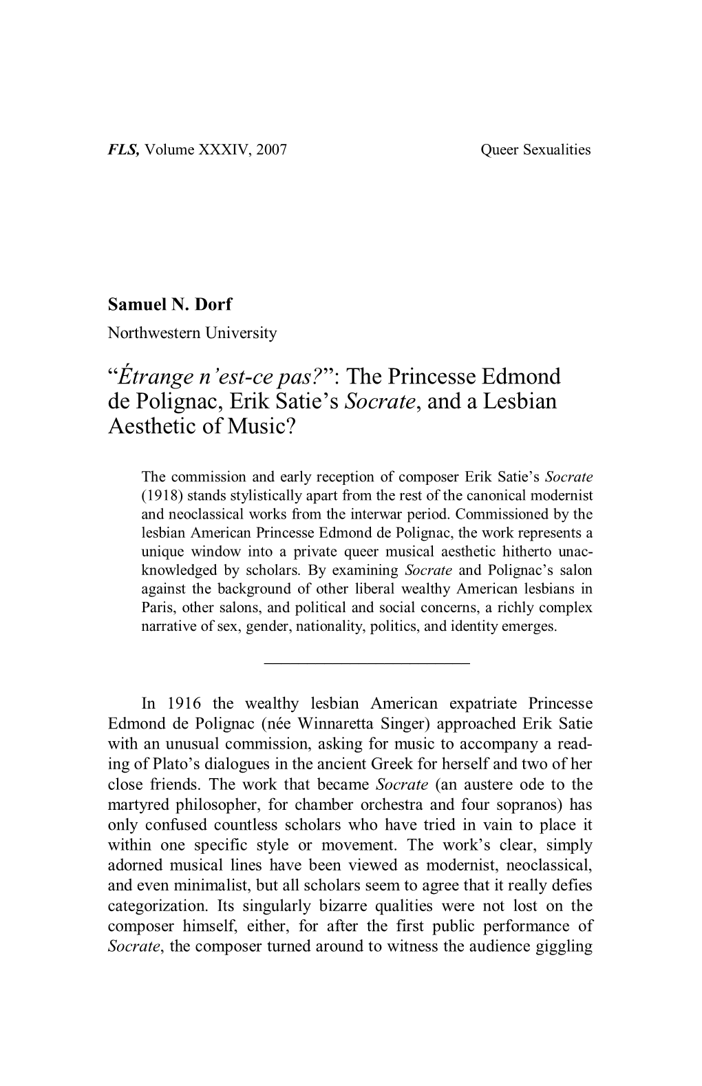 The Princesse Edmond De Polignac, Erik Satie's Socrate, and A