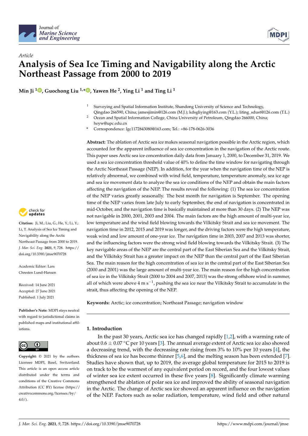 Analysis of Sea Ice Timing and Navigability Along the Arctic Northeast Passage from 2000 to 2019