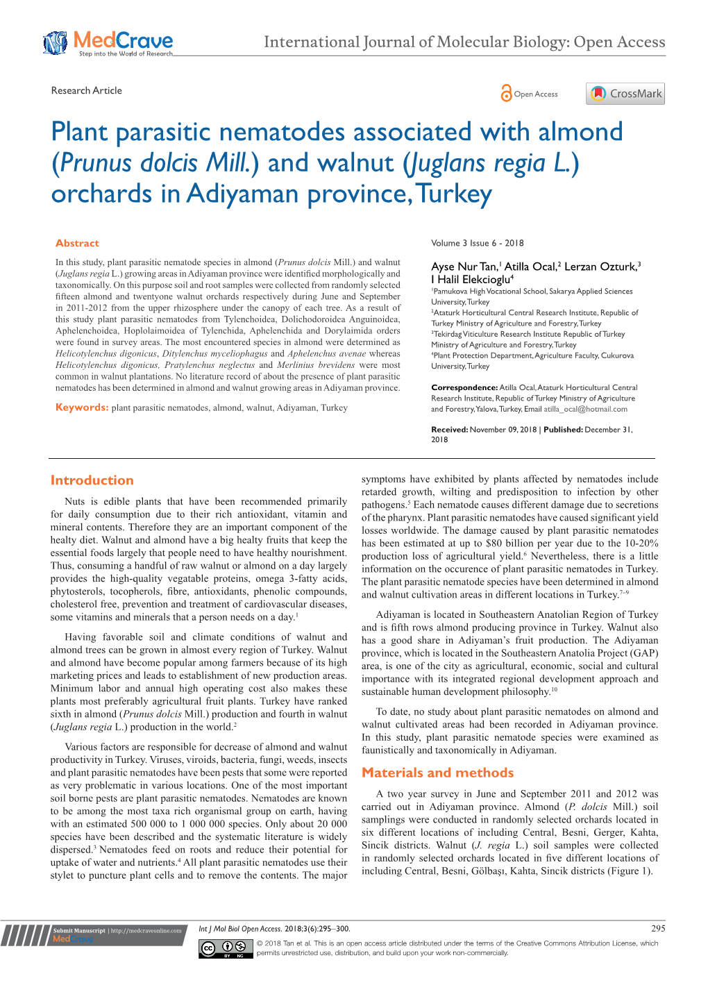 Plant Parasitic Nematodes Associated with Almond (Prunus Dolcis Mill.) and Walnut (Juglans Regia L.) Orchards in Adiyaman Province, Turkey