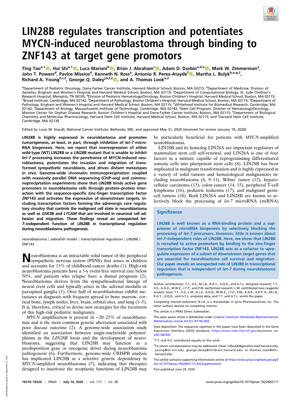 LIN28B Regulates Transcription and Potentiates MYCN-Induced Neuroblastoma Through Binding to ZNF143 at Target Gene Promotors