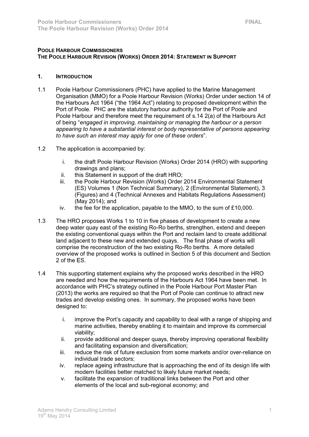 Poole Harbour Commissioners FINAL the Poole Harbour Revision (Works) Order 2014