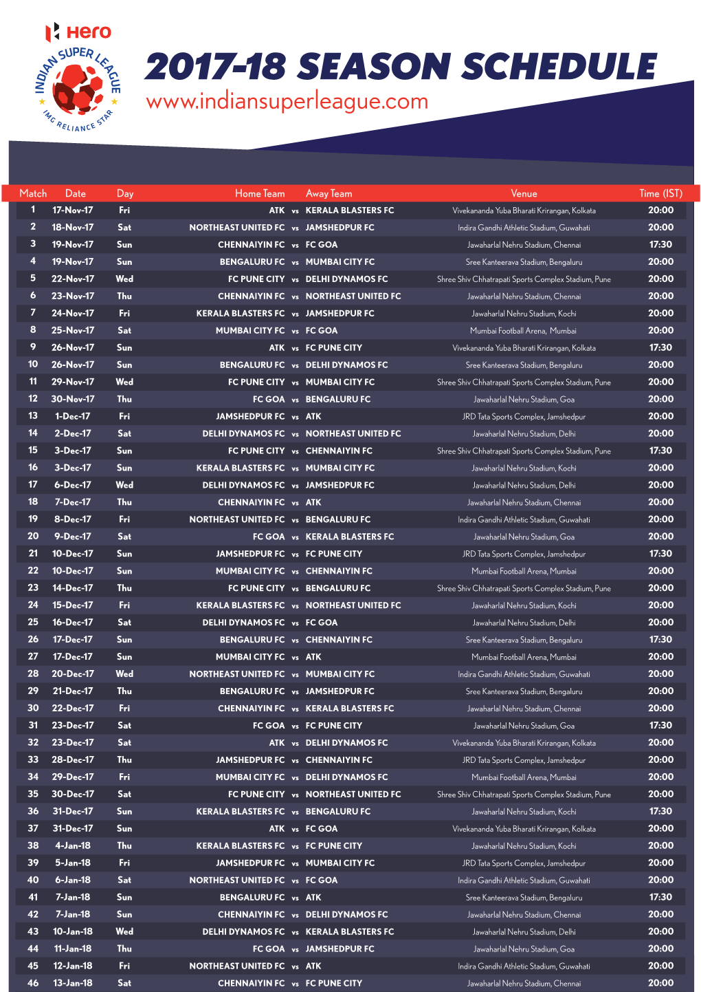 2017-18 Season Schedule