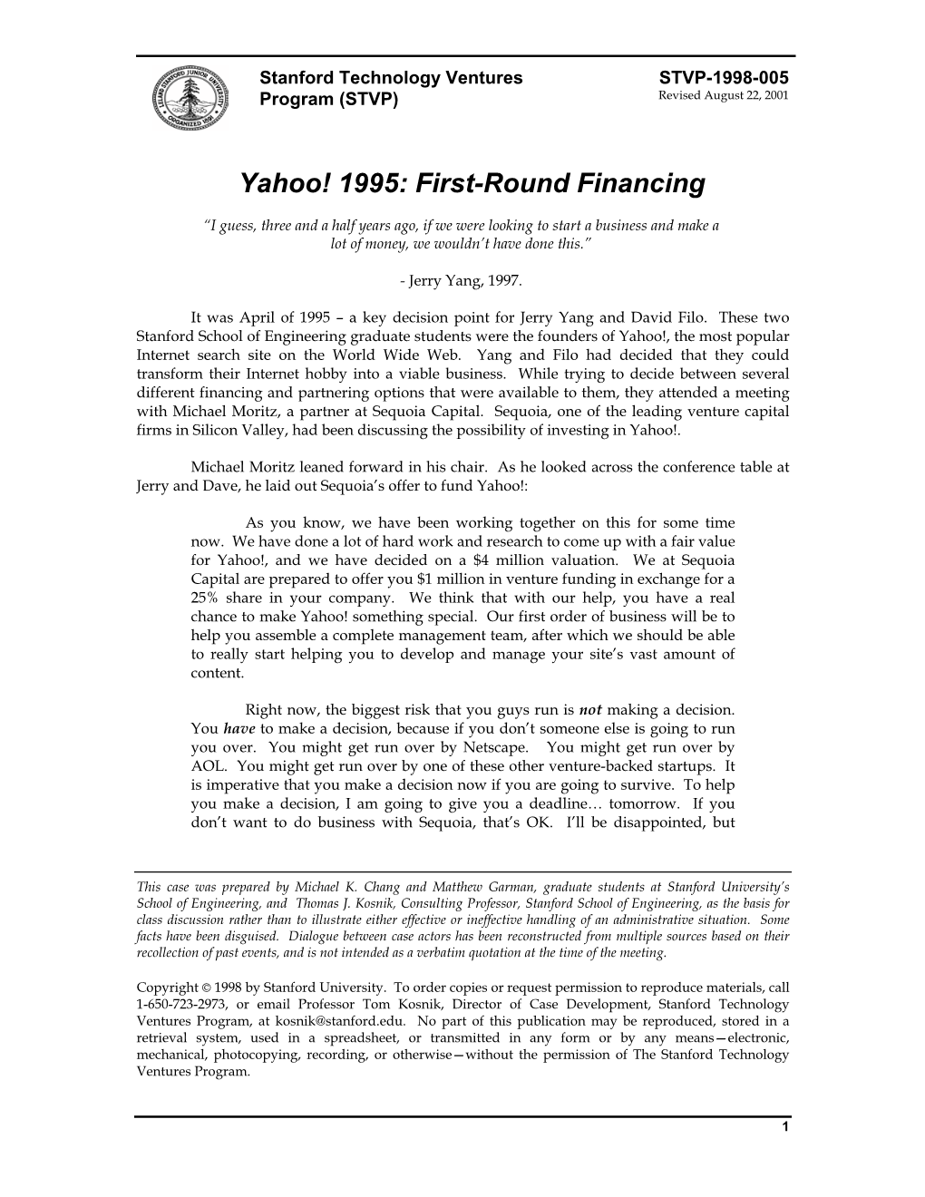 Yahoo! 1995: First-Round Financing