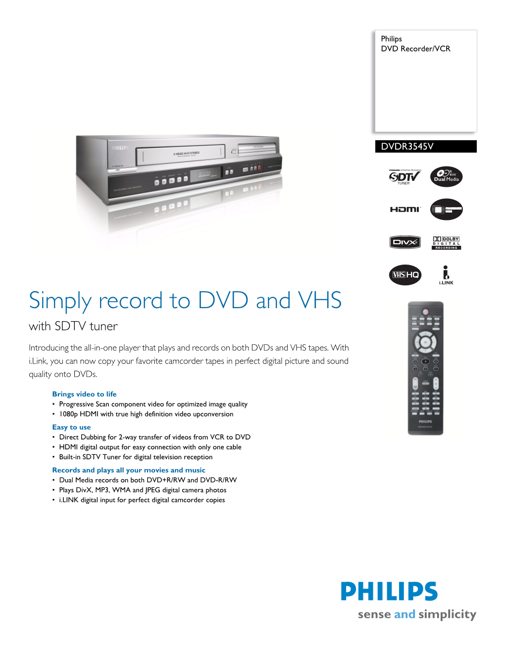 DVDR3545V/37 Philips DVD Recorder/VCR