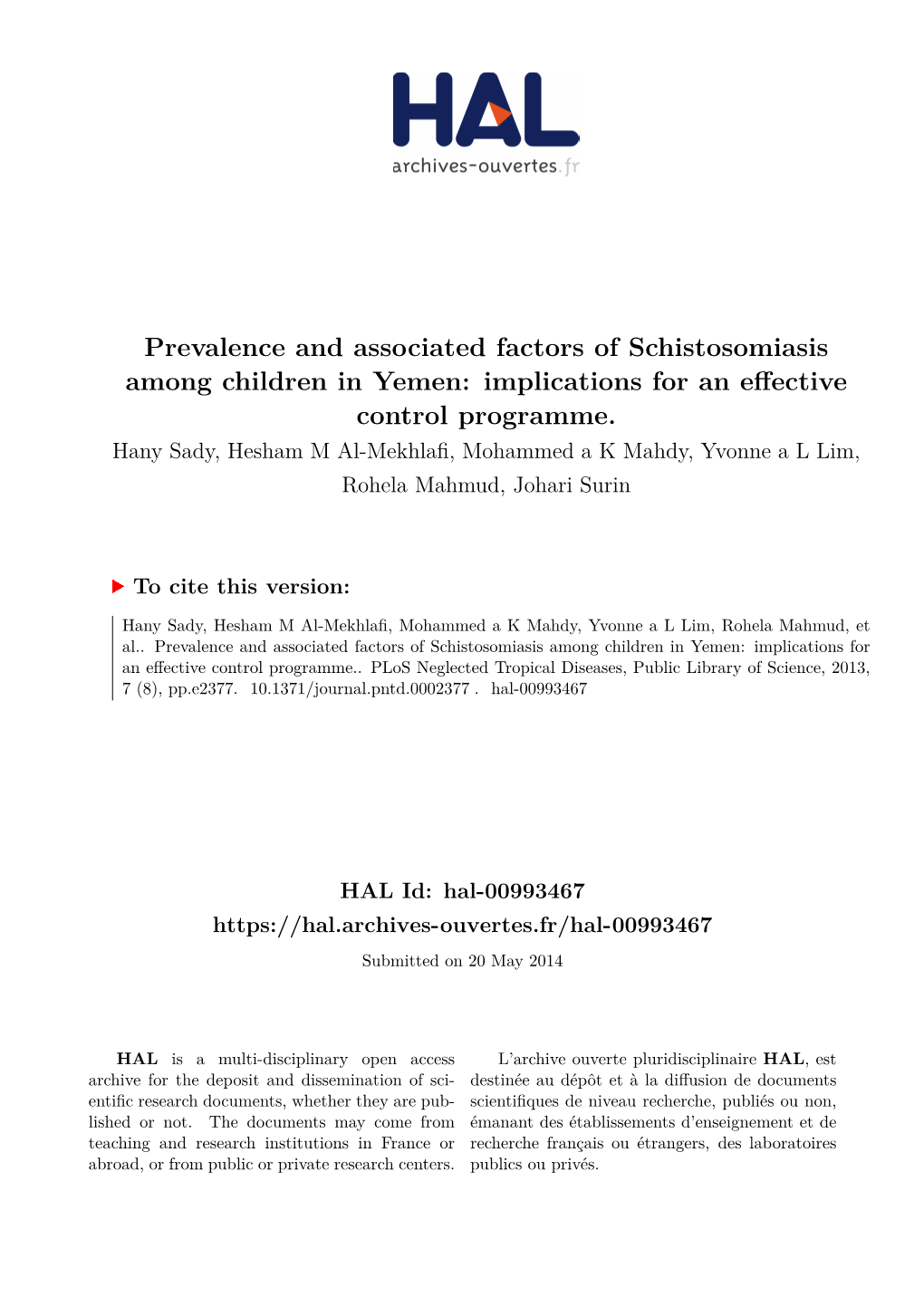 Prevalence and Associated Factors of Schistosomiasis Among Children in Yemen: Implications for an Effective Control Programme