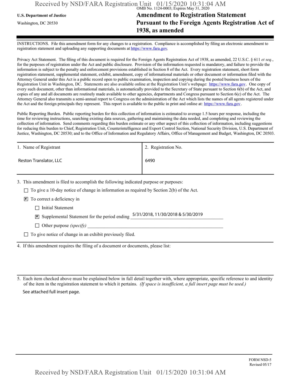 Received by NSD/FARA Registration Unit 01/15/2020 10:31:04 AM OMB No