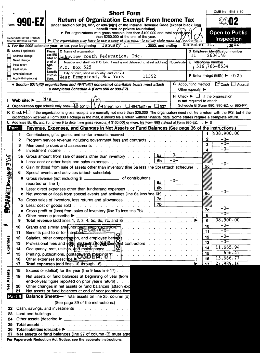 Short Form 990 EZ Return of Organization