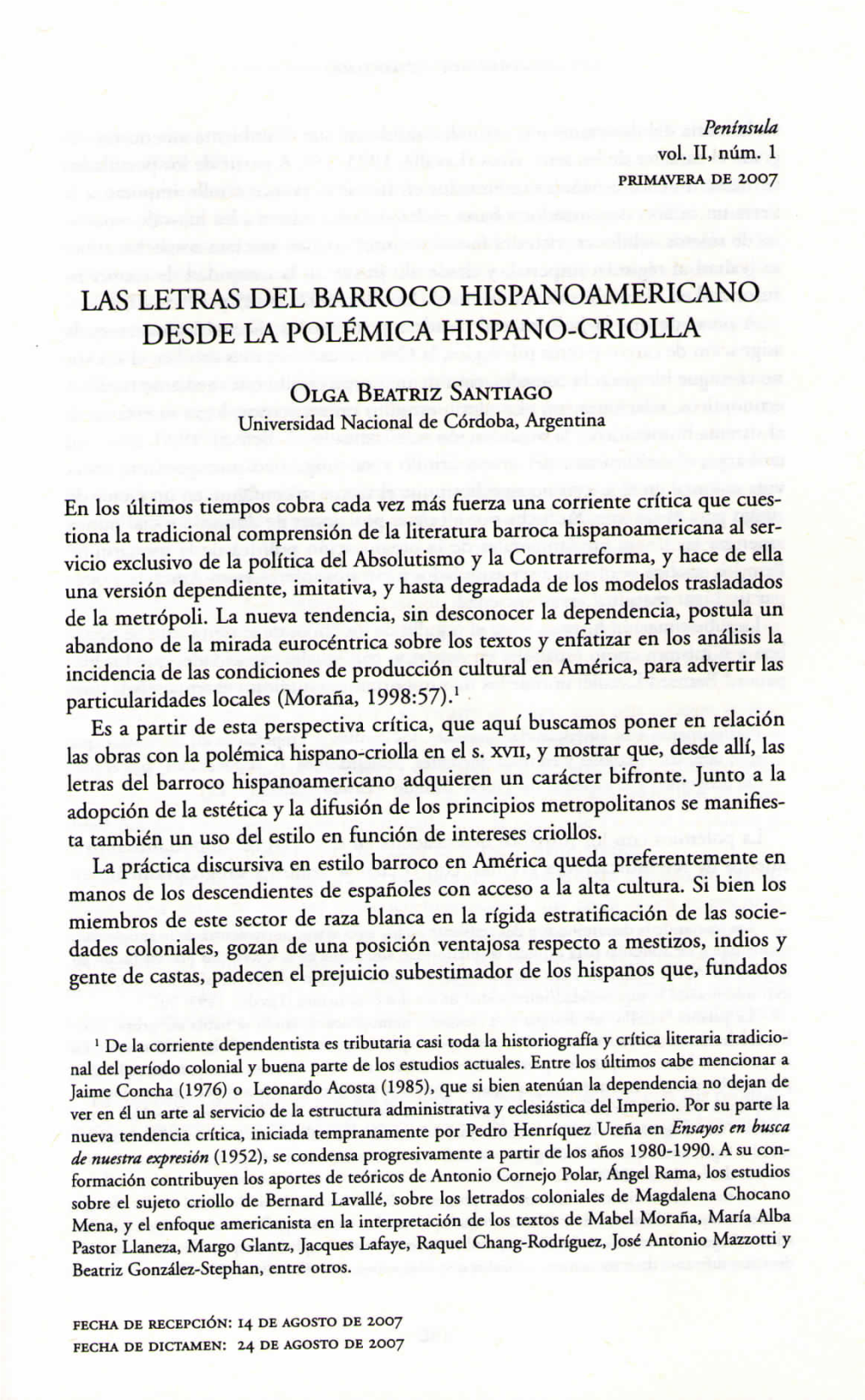 Las Letras Del Barroco Hispanoamericano Desde La Polémica Hispano-Criolla