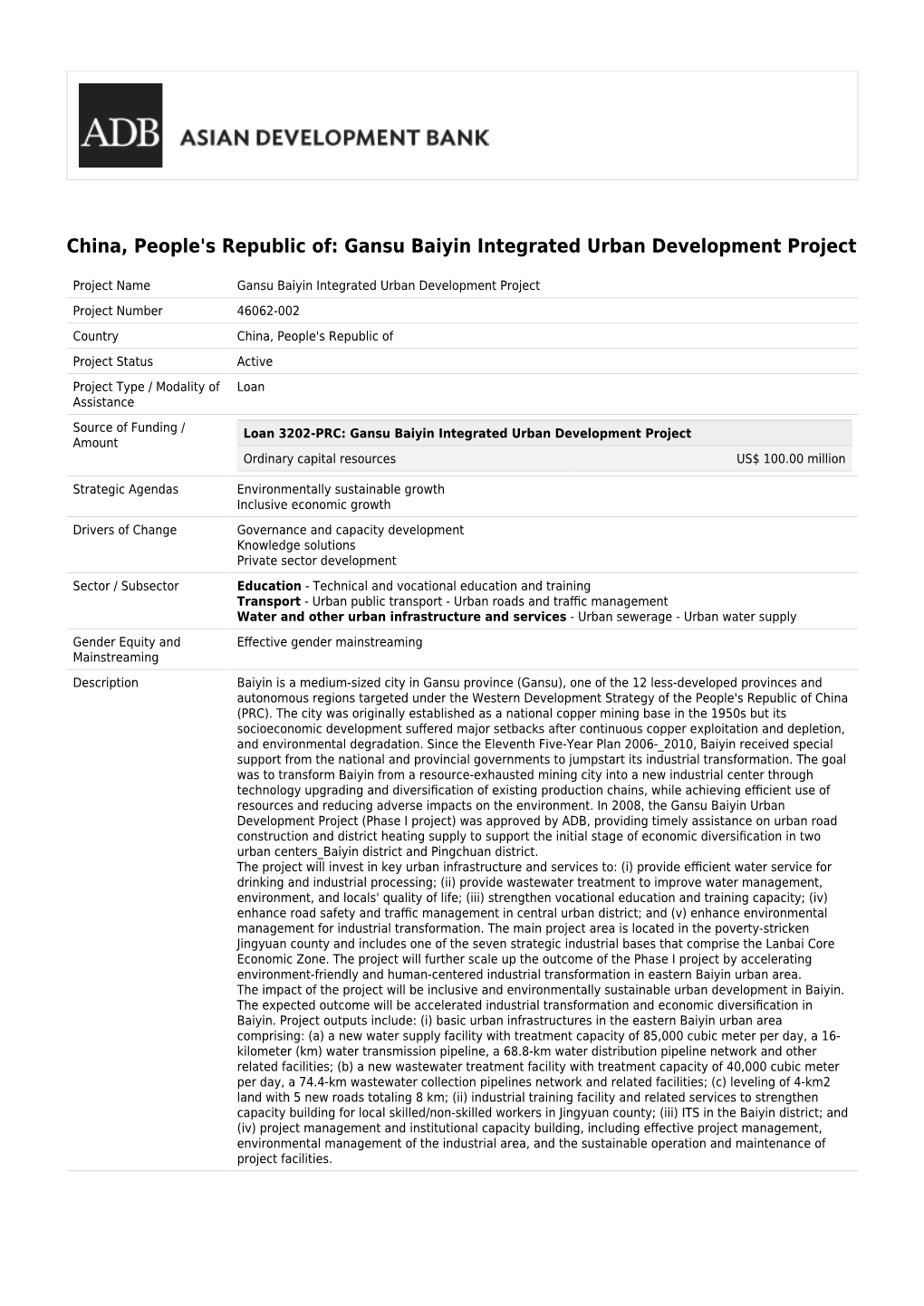 Gansu Baiyin Integrated Urban Development Project