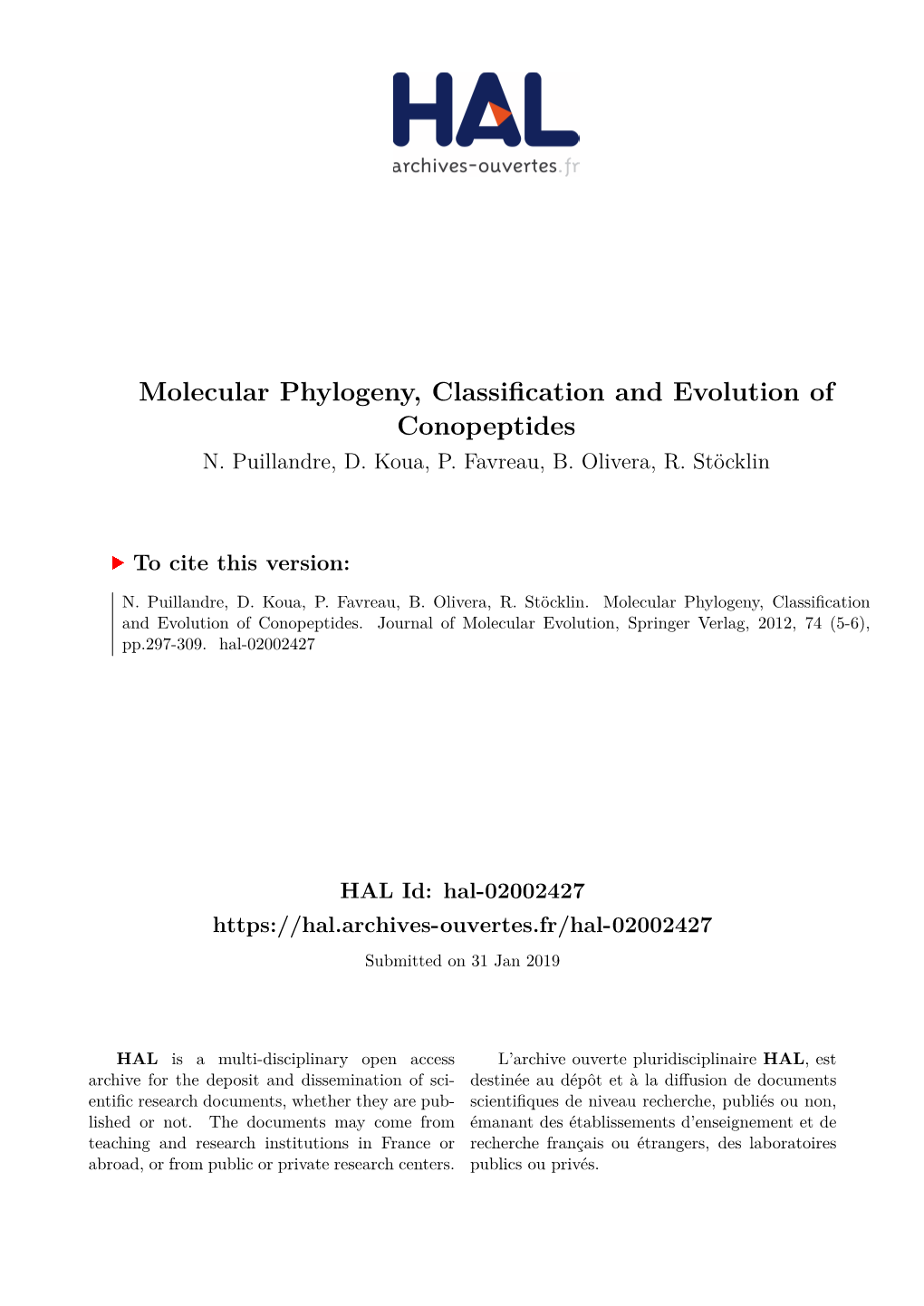 Molecular Phylogeny, Classification and Evolution of Conopeptides N