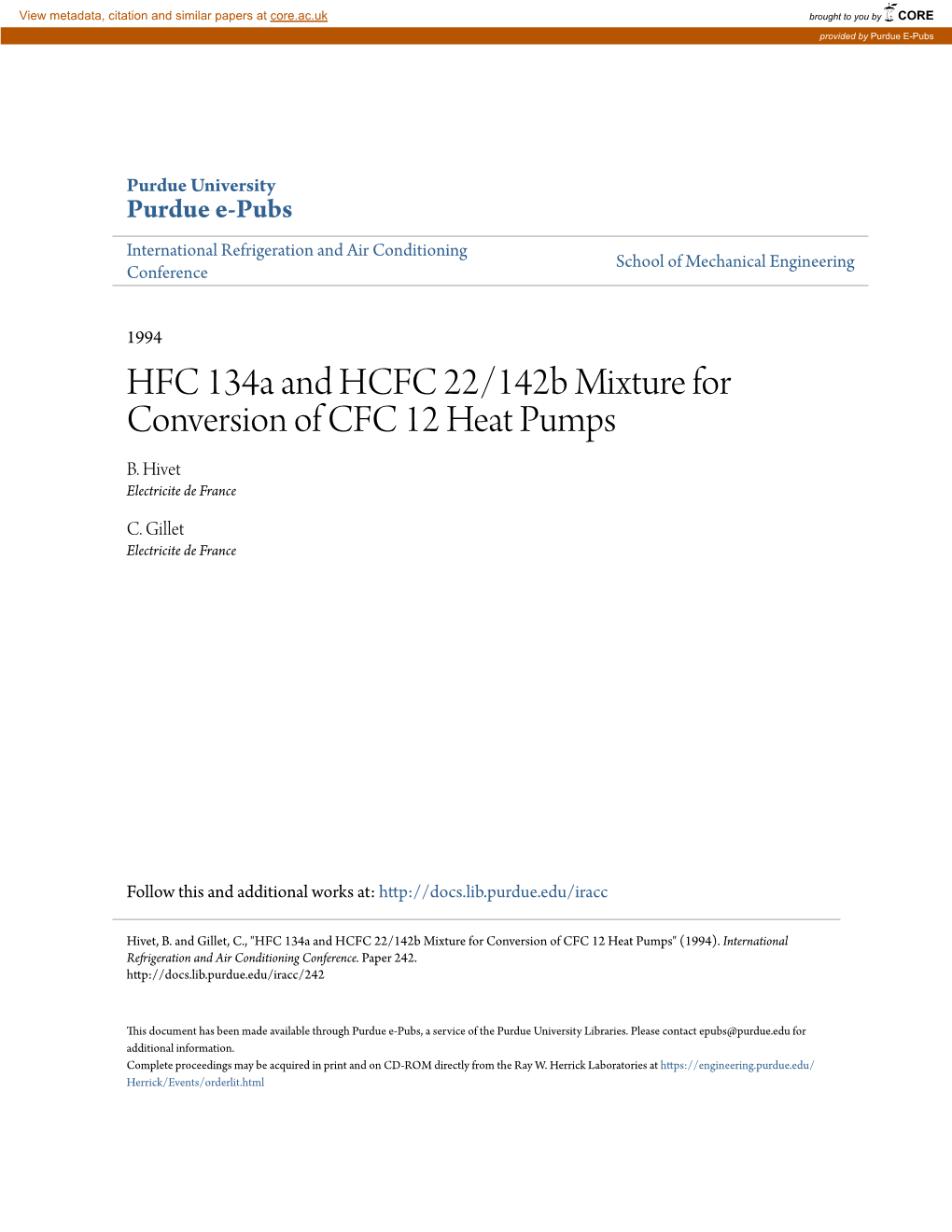 HFC 134A and HCFC 22/142B Mixture for Conversion of CFC 12 Heat Pumps B