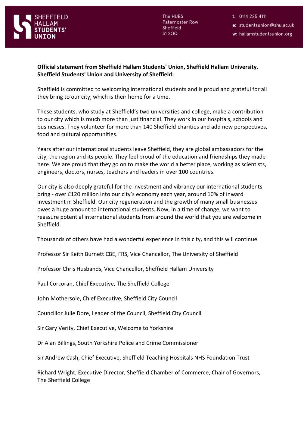 Official Statement from Sheffield Hallam Students' Union, Sheffield Hallam University, Sheffield Students' Union and University of Sheffield