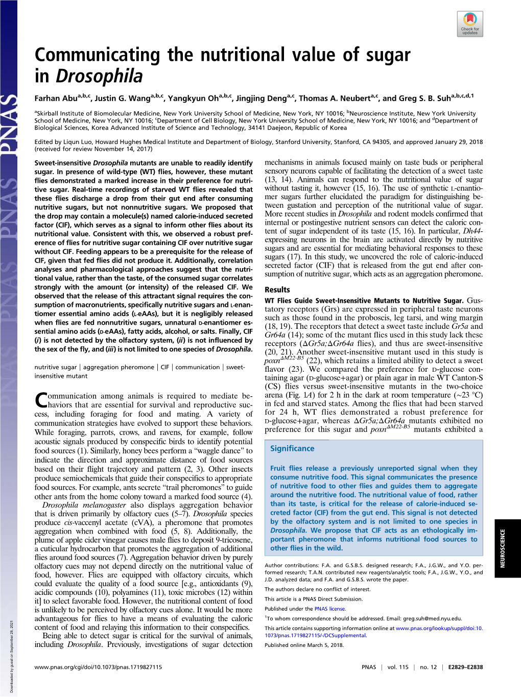 Communicating the Nutritional Value of Sugar in Drosophila