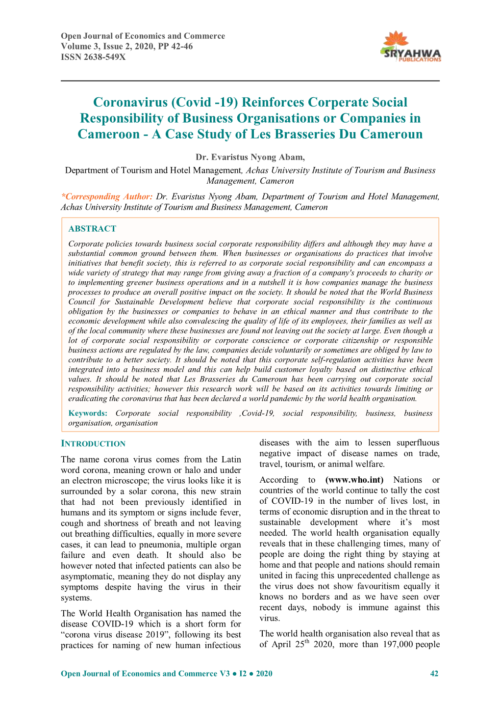 Coronavirus (Covid -19) Reinforces Corperate Social Responsibility of Business Organisations Or Companies in Cameroon - a Case Study of Les Brasseries Du Cameroun