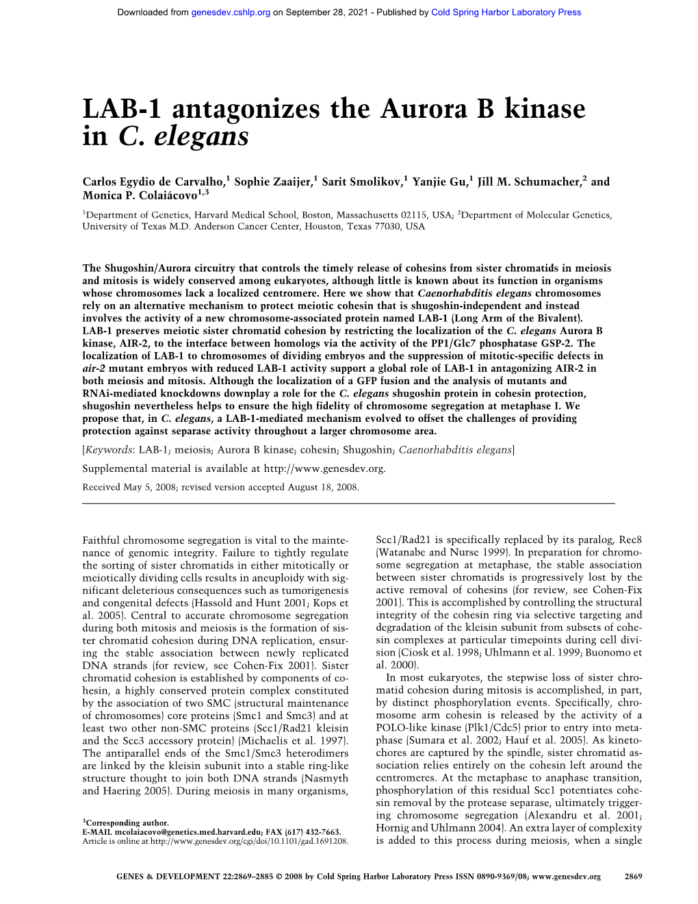 LAB-1 Antagonizes the Aurora B Kinase in C. Elegans