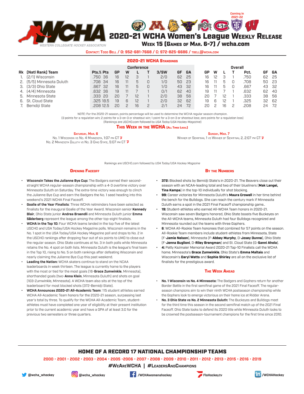 2020-21 WCHA Women's League Weekly Release Week 15 (Games of Mar