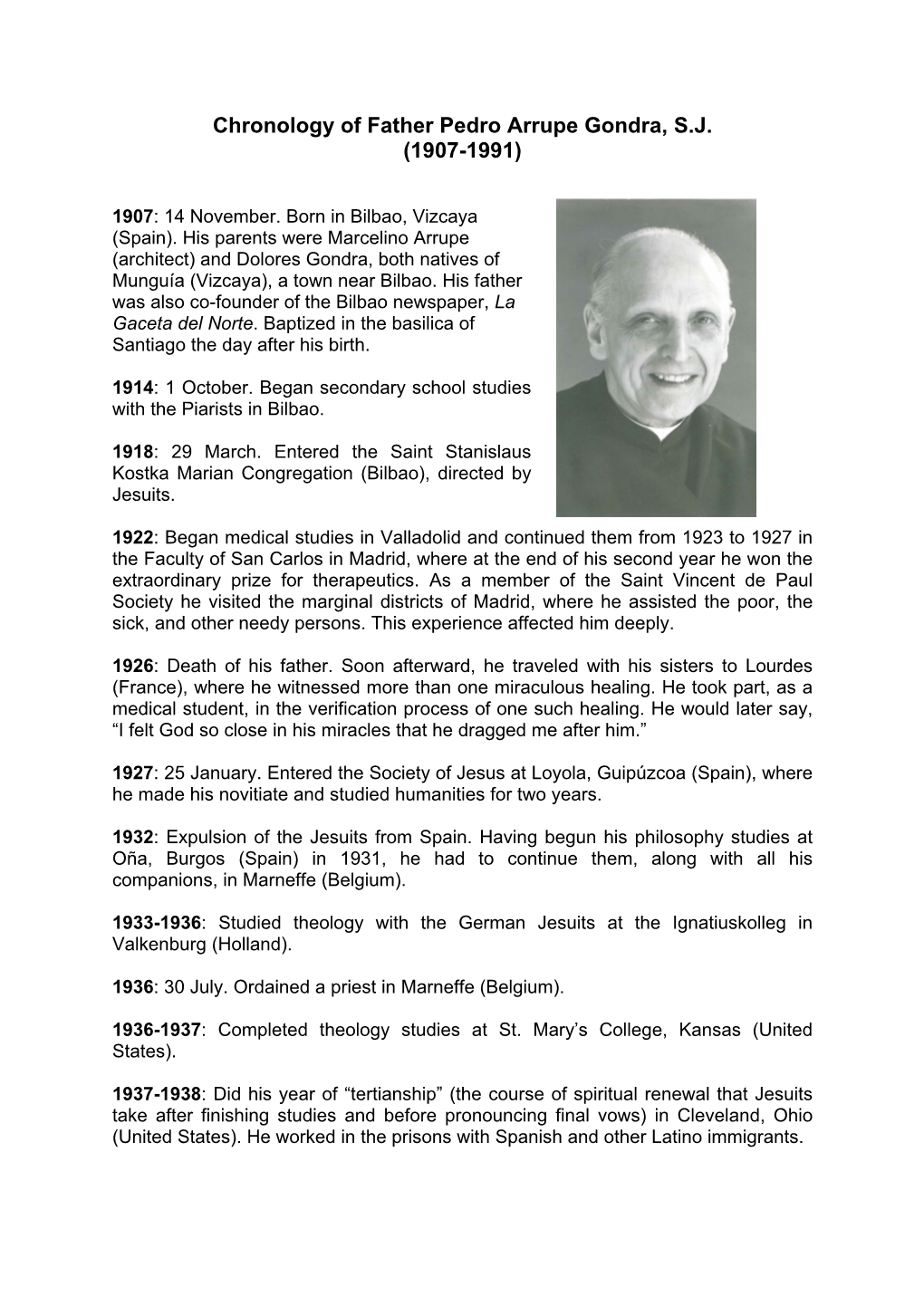 Chronology of Father Pedro Arrupe Gondra, SJ
