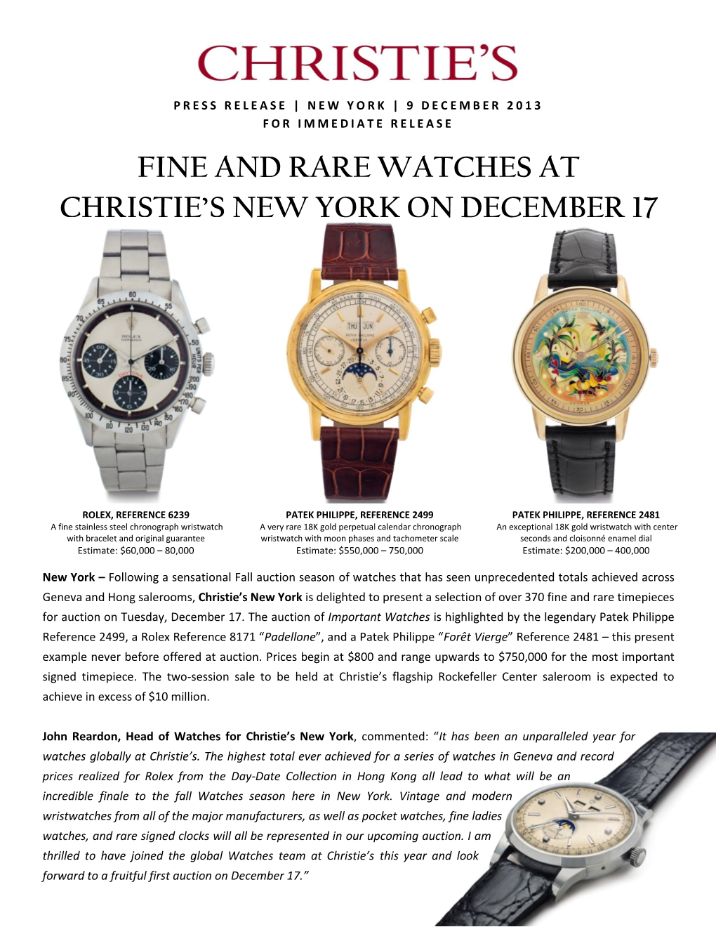 Fine and Rare Watches at Christie's New York On