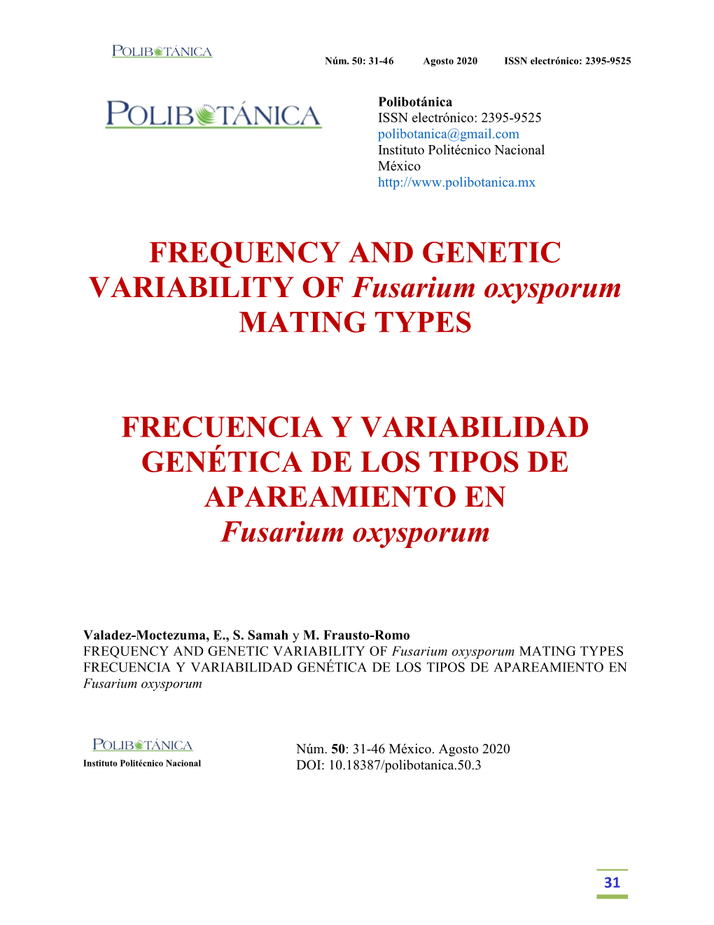 FREQUENCY and GENETIC VARIABILITY of Fusarium Oxysporum MATING TYPES