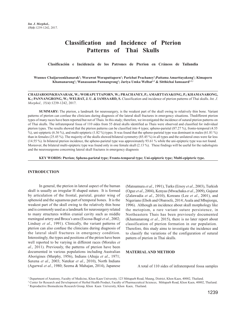 Classification and Incidence of Pterion Patterns of Thai Skulls