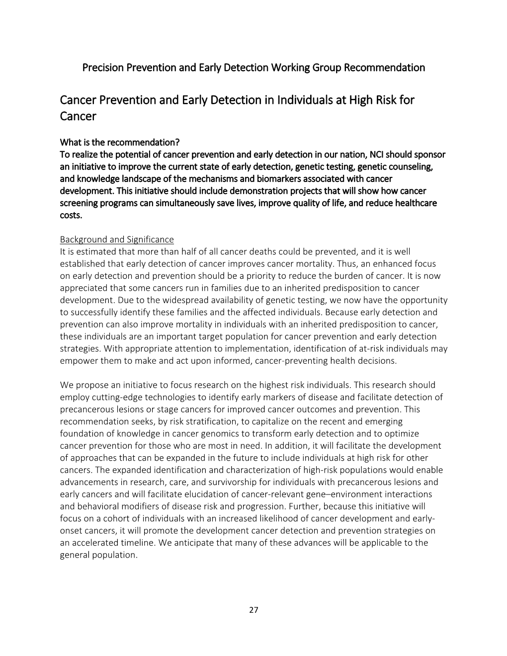 Precision Prevention and Early Detection Working Group Report