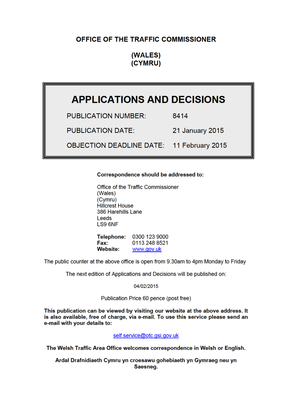 APPLICATIONS and DECISIONS 21 January 2015