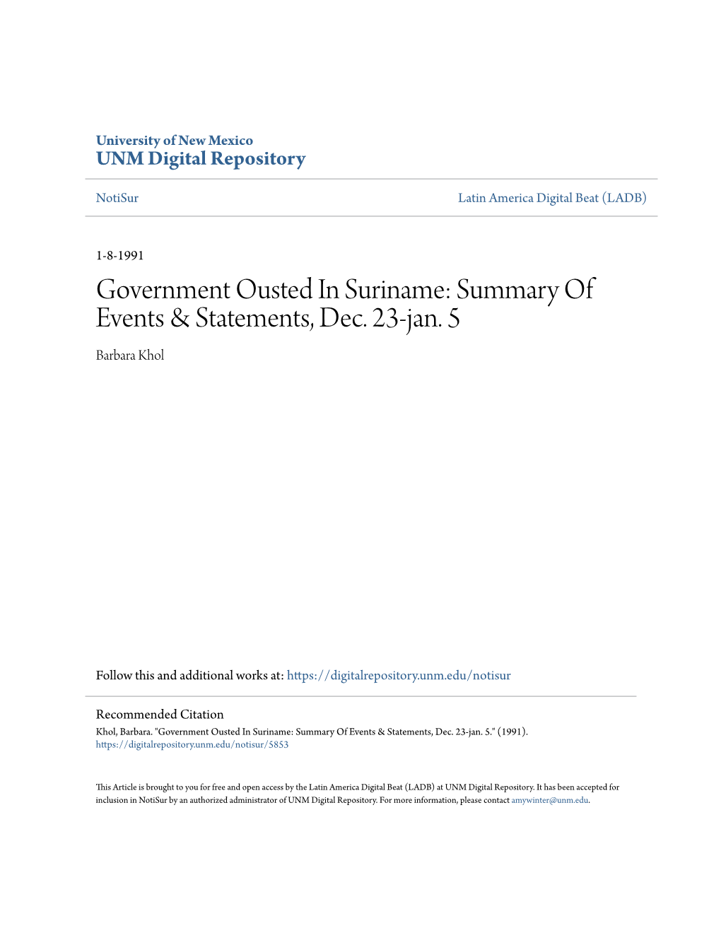 Government Ousted in Suriname: Summary of Events & Statements, Dec