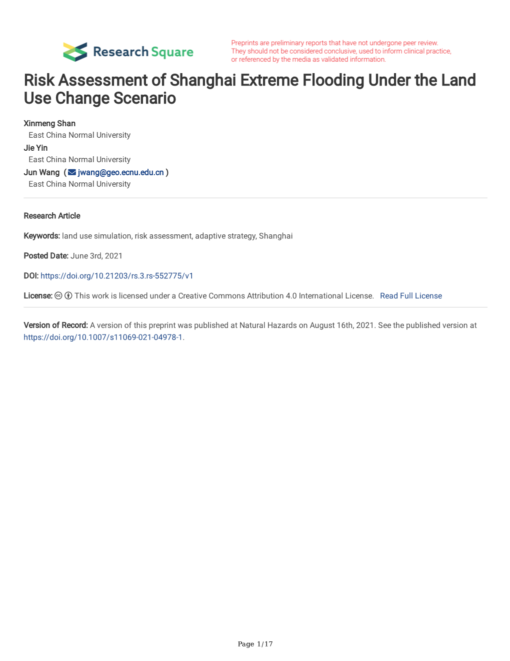 Risk Assessment of Shanghai Extreme Flooding Under the Land Use Change Scenario