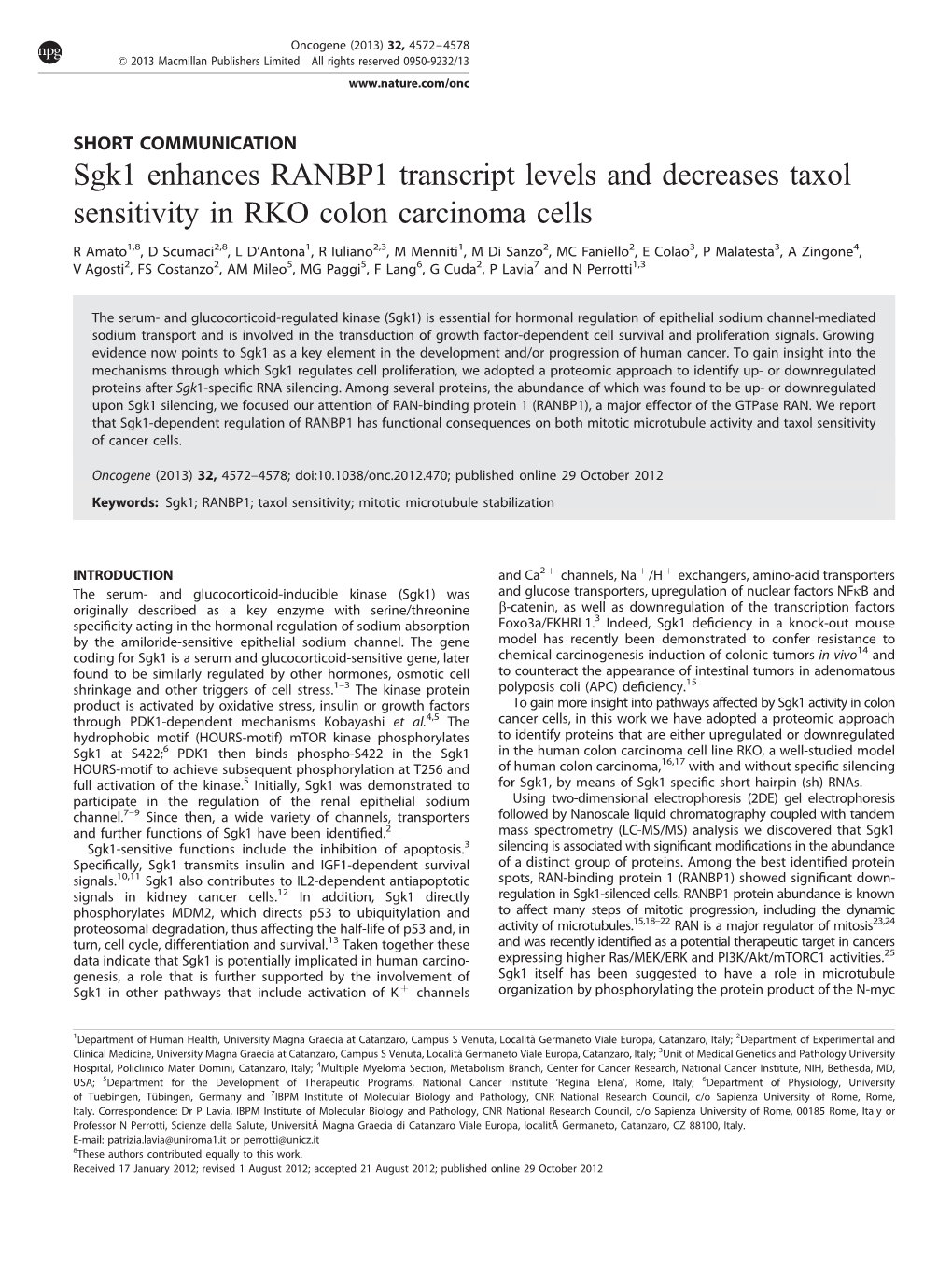 Sgk1 Enhances RANBP1 Transcript Levels and Decreases Taxol Sensitivity in RKO Colon Carcinoma Cells