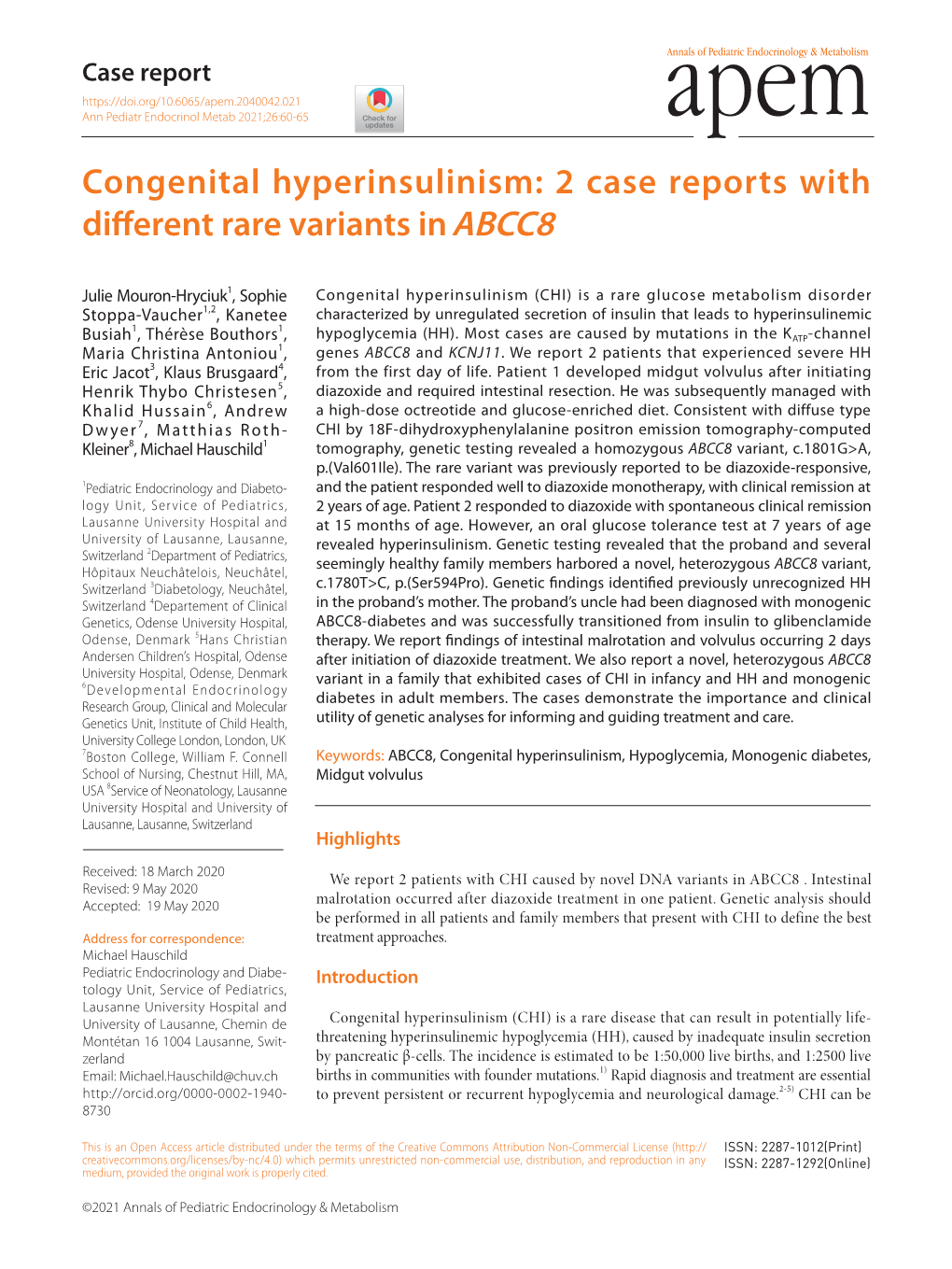 Congenital Hyperinsulinism: 2 Case Reports with Different Rare Variants Inabcc8