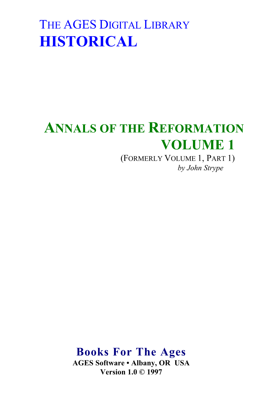 Annals of the Reformation Vol. 1