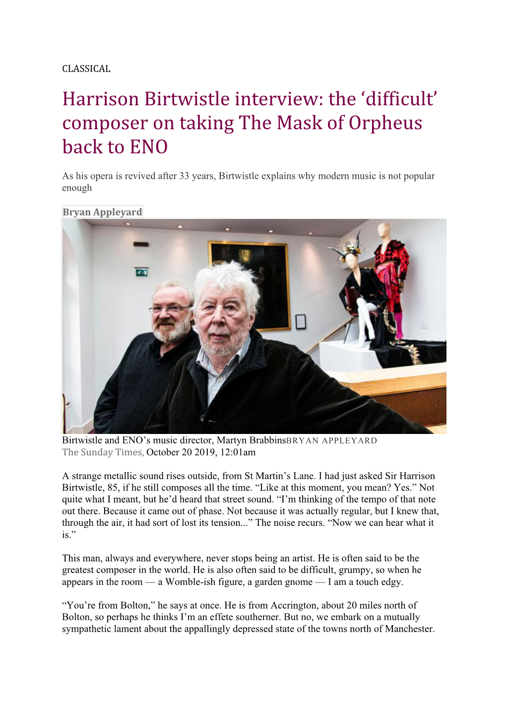 Harrison Birtwistle Interview: the ‘Difficult’ Composer on Taking the Mask of Orpheus Back to ENO