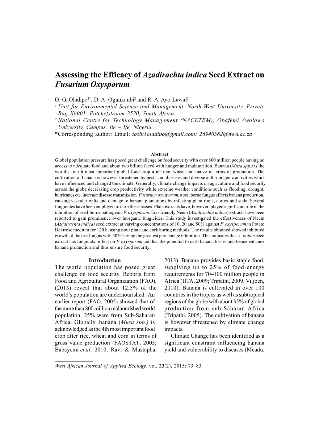 Assessing the Efficacy of Azadirachta Indica Seed Extract on Fusarium Oxysporum 75